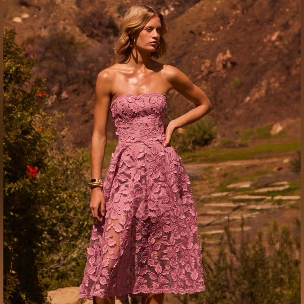 HELSI Florence 3 Dimensional 3D Floral Strapless Midi Dress